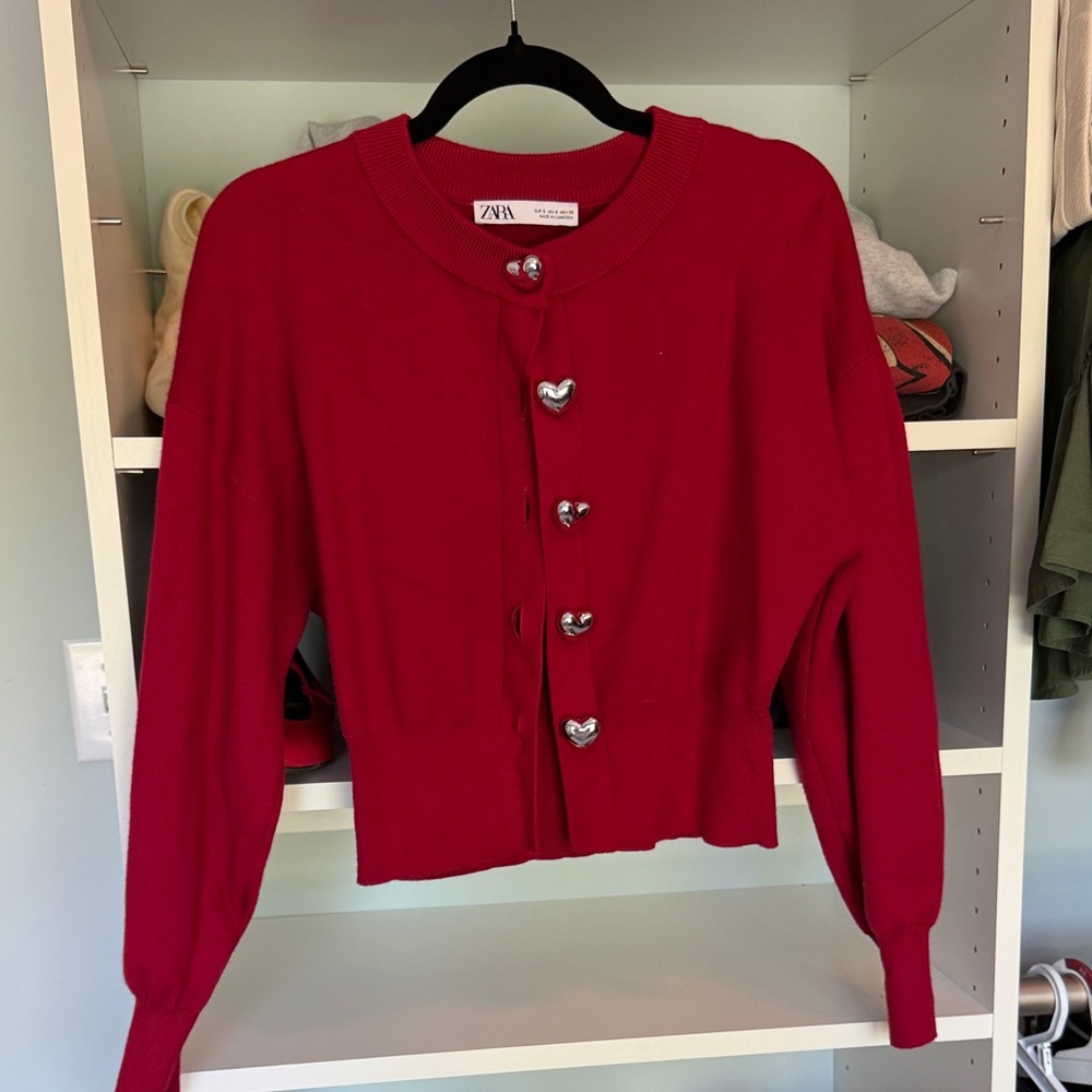 Zara Red Cropped Cardigan with Heart Buttons